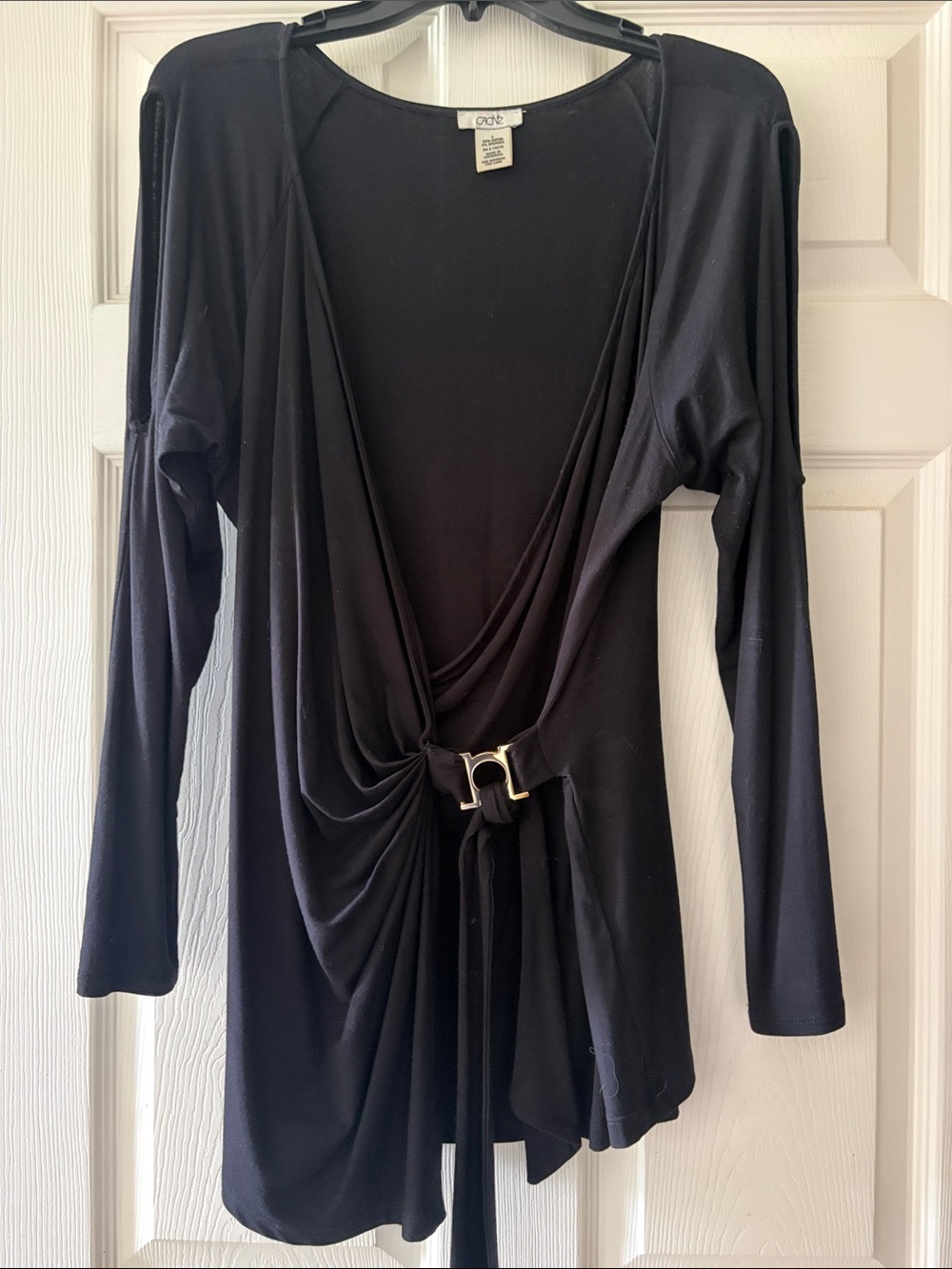 Cache Black Draped Long-Sleeve Wrap Top with Buckle